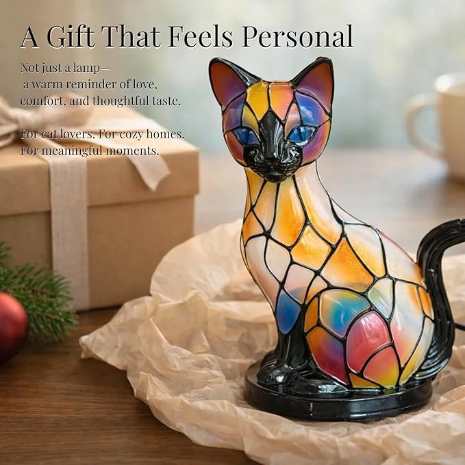 Cat Lamp, Stained Glass Cat Lamp, Decorative Resin LED Night Light for Cat Lovers, USB Vintage 3D Table Lamp Cozy Glow for Desk & Mantel – Fun Gift for Pet Owners (Siamese Cat A)