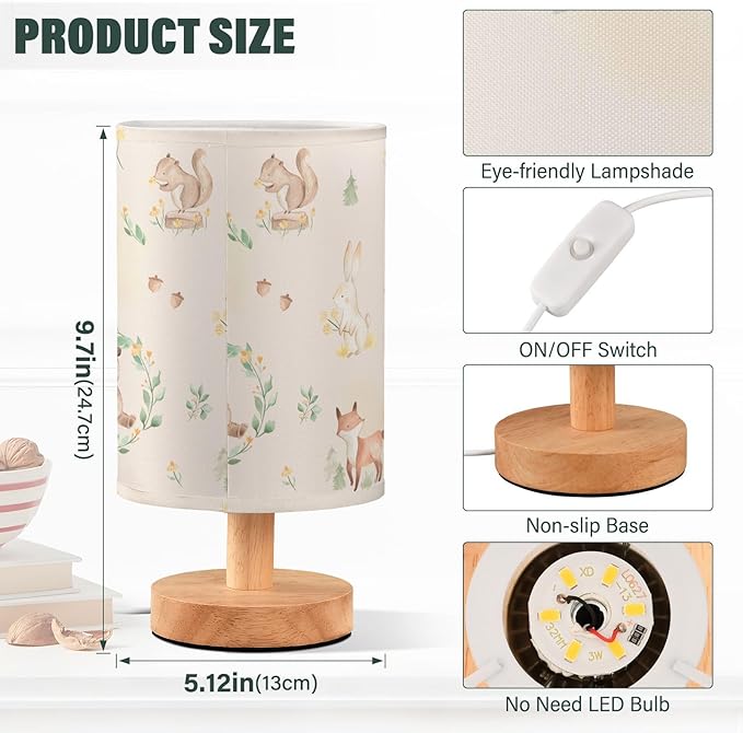 Bedside Table Lamp Woodland Animals Nightstand Lamp with Wood Forest Rabbit Deer Hedgehog Floral Desk Lamps for Bedroom Living Room Nursery Office Home Decor