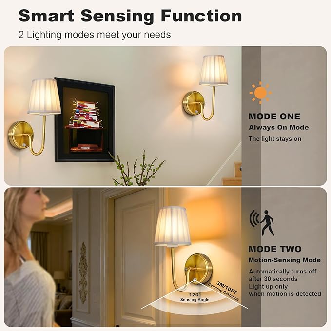 Battery Operated Motion Sensor Wall Sconce, Rechargeable Wireless Gold Wall Lamp with 5200mAh Battery, Dimmable Wall Sconce Light with Switch and Remote for Living Room, Bedroom, Hallway