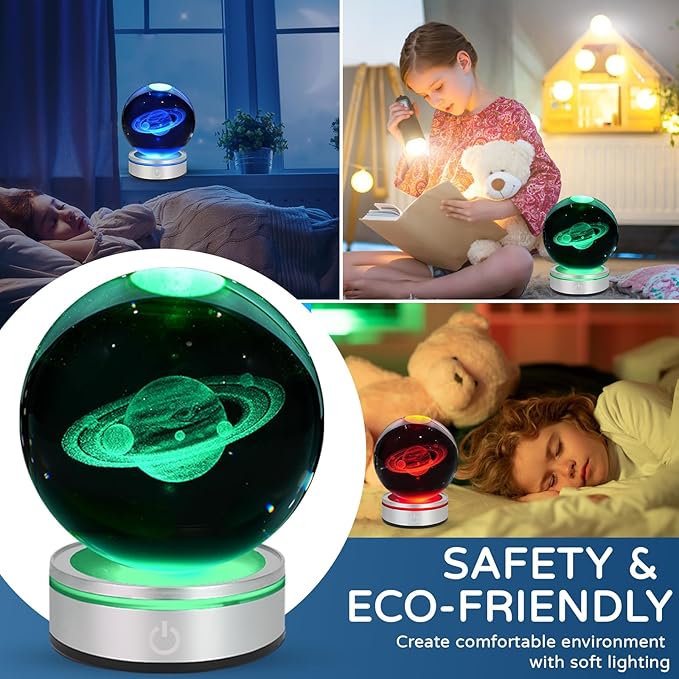 3D Saturn Crystal Ball Night Light with LED Colorful Lighting Touch Base 3.15 In Saturn Planet Glass Sphere Lamp for Birthday Christmas, Astronomy Space Universe Home Decor Gifts for Women Men Kids