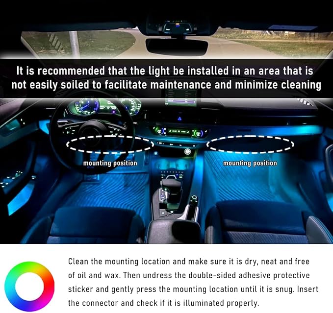 Car Interior LED Strip Light, 12V 24 LED Neon Ambient Night Light with Cigarette Lighter Plug, Automotive Atmosphere Decorative Under Dash Lighting Kit, Car Accessories (Ice Blue)