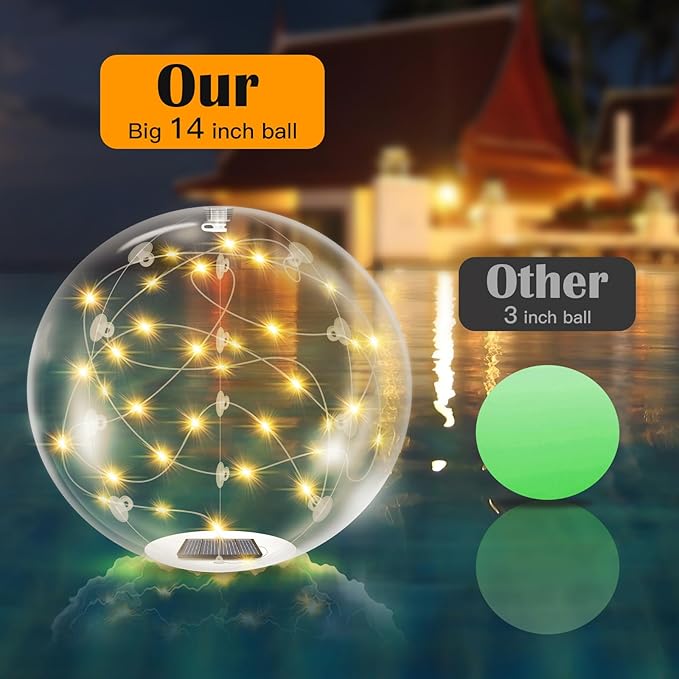 Floating Pool Lights Solar Powered,14 Inch 3000K Warm White Inflatable Glow in The Dark Balls,IP68 Waterproof Led Light up for Inground Pool,Christmas Decorations Outdoor Ornaments