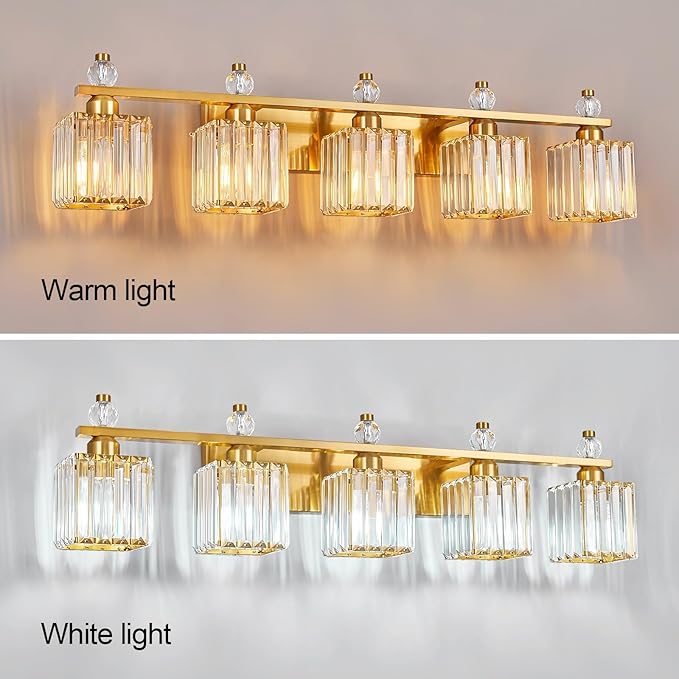 Vanity Lights 5-Light Modern Crystal Vanity Light Gold Bathroom Light Fixtures Over Mirror Crystal Bathroom Vanity Lighting Fixtures