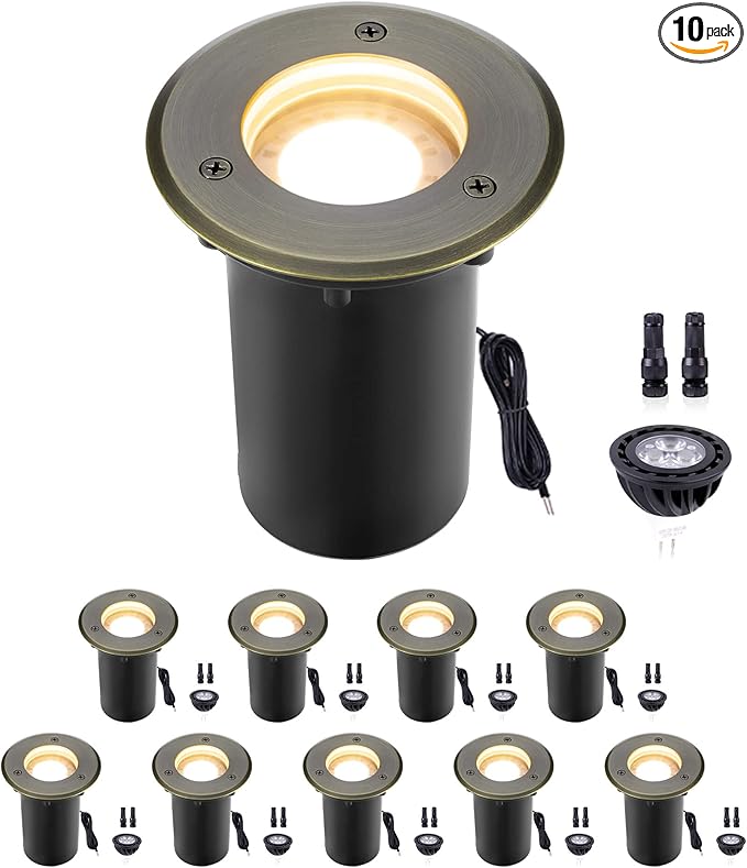 Gardenreet LED Well Lights Brass - In-Ground All Weather Low Voltage Replaceable Bulb Lighting, 12V Wired Light, Antique Bronze for Lawn Outdoor Pathway with 2700K Warm White MR16 Bulb