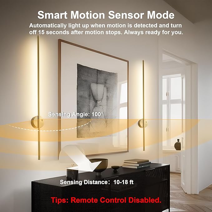 Motion Sensor Battery Operated Wall Sconce Set of Two - Modern Rechargeable Wireless Wall Lights with Remote Control, Dimmable, 3000K/4000K/6000K, Timer for Living Room, Hallway, Brass, 39.3 Inch