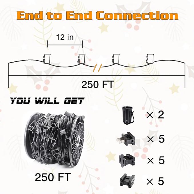 250FT C9 Outdoor String Light Stringer, E17 Socket 12" Spacing, C9 Christmas Stringer Set Spool Black Light String for Wedding Patio Event Lighting Decor, Black Wire