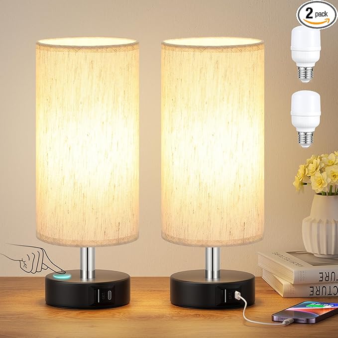 Small Touch Lamps Set of 2 - Table Lamps for Nightstand, Minimalist Bedside Lamps for Bedroom with 3000K Dimmable Bulbs