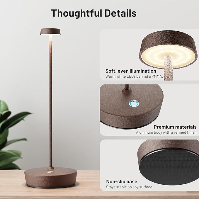 2Pack Cordless LED Table Lamp，Rechargeable Battery Desk Lamps, 3 Color Stepless Dimmable Metal Battery Table Lamps, Portable Waterproof Table Light for Indoor/Outdoor/Restaurant