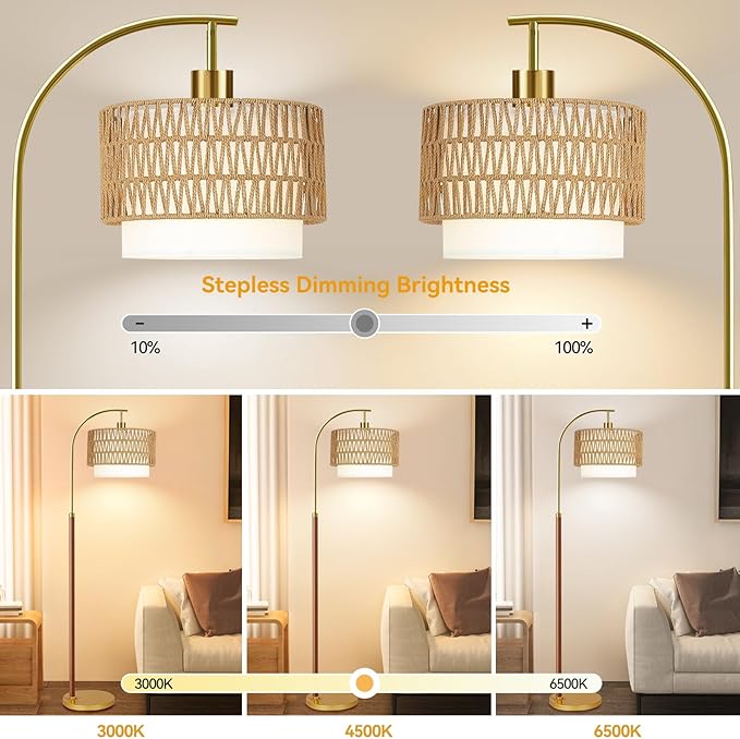 Boho Floor Lamps for Living Room Wood Floor Lamp with Remote Control,Dimmable Rattan Floor Lamps Farmhouse Gold Standing Lamp with 3 Color Temperature Tall Arc Floor Lamp for Bedroom Corner
