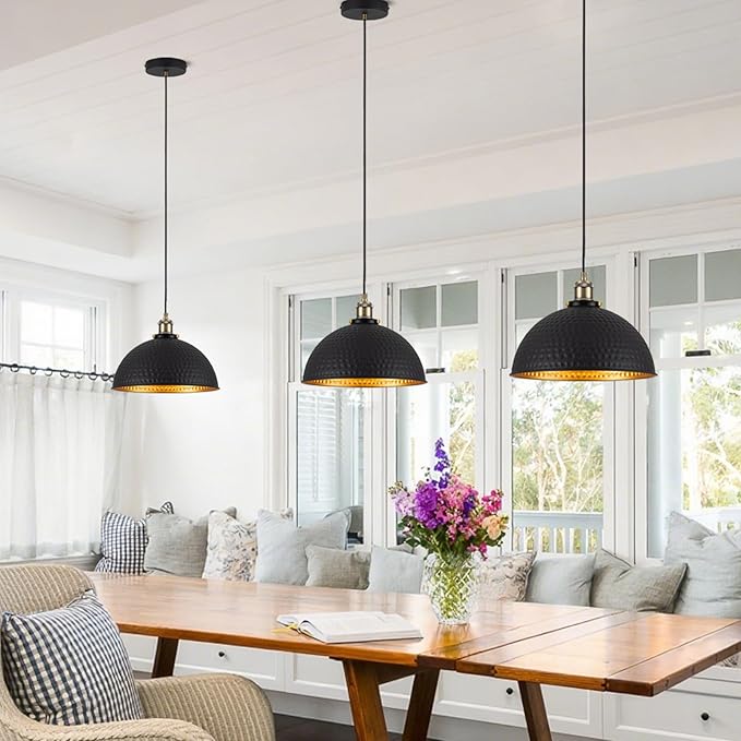 12" Industrial Black Gold Pendant Lights Vintage Dome Pendant Light Fixtures with Golden Finish Rustic Farmhouse Black Pendant Lights for Kitchen Island, Dining Room, Bedroom