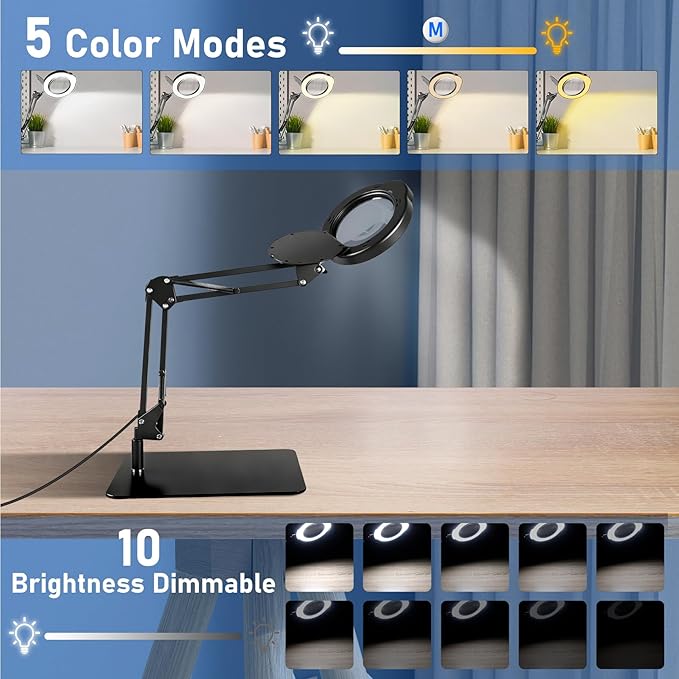 Helping Hands Soldering Station with Light and Stand, 4.3" 10X Soldering Magnifying Glass with 4 Flexible Helping Arms, 5 Color Mode, 10 Dimmable Levels for Electronics Repair, Jewelry, Hobby