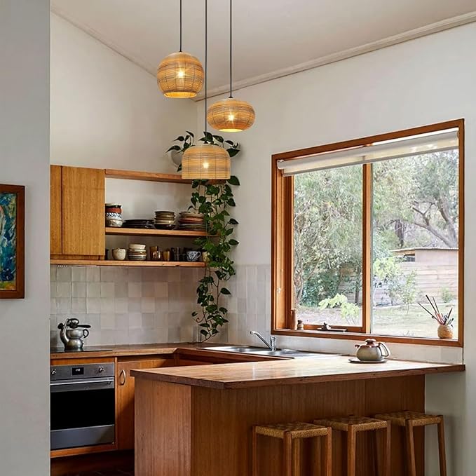 3-Light Chandelier Vintage Rattan Pendant Light Fixtures Hand Woven Boho Rattan Light Fixtures Ceiling Hanging, Farmhouse Chandelier for Dining Room Kitchen Island Bedroom