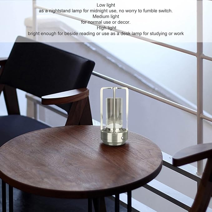 Stylish Cordless Table Lamp 3 Colours Stepless Dimmable LED Table Lamp Rechargeable Touch Lamp Portable Bedside Lamp Nightstand Lamp Table Decorative Lamps (Silver)