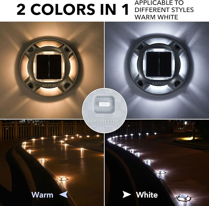 AGPTEK Solar Driveway Lights Outdoor 12 Pack, 2 Color Modes LED Deck Dock Marine Waterproof Driveway Marker Lights for Step Sidewalk Stair Garden Pathway Walkway Yard (Warm White/Cool White)