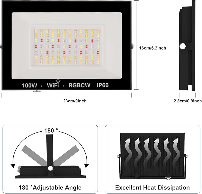 RGB LED Flood Light Outdoor 1000W Equivalent, 100W Bluetooth RGBCW Smart Floodlights 2700K, 16 Million Color Changing, Timing, Music Sync, IP66 Waterproof Landscape Light with US Plug (2 Pack)