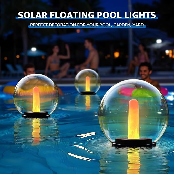 2-Pack Solar Floating Pool Lights Ball Outdoor Water-Resistant IP66 Solar-Powered that Float Candles Flickering Lights for Swimming Pool Decor Pond Garden Party