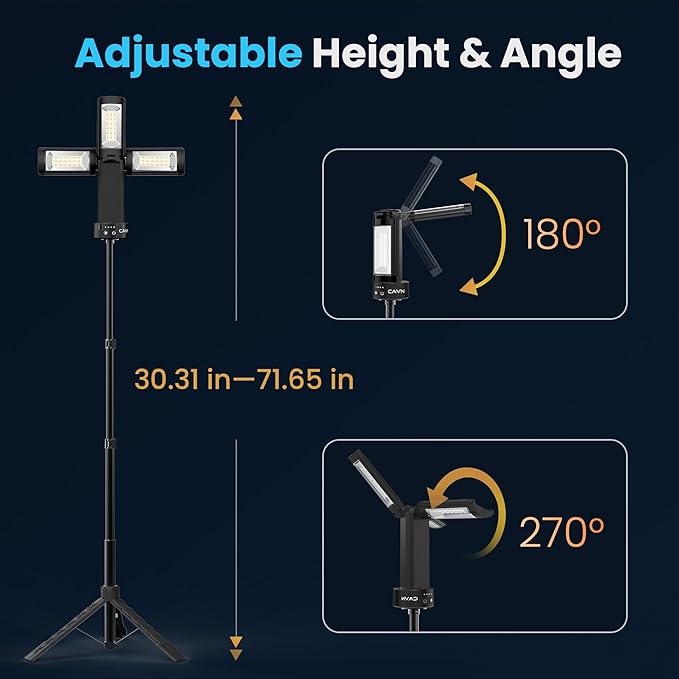 CAVN Rechargeable Camping Lights with Remote & Detachable Tripod Max Height 6.7 ft, Portable Work Light with 3 LED Lamp Heads, Camping Essentials Gear Emergency Flashlight with Hook, Black