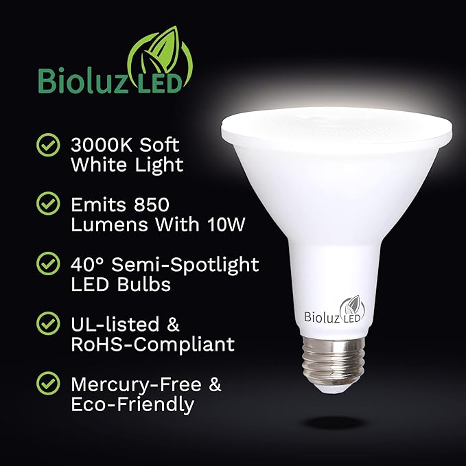 Bioluz LED 8-Pack PAR30 LED Flood Light Bulbs Indoor, 10W = 100W Replacement, 3000K Soft White LED Light Bulbs, 90 CRI, Dimmable, UL Listed, RoHS, FCC and Title 20 Compliant