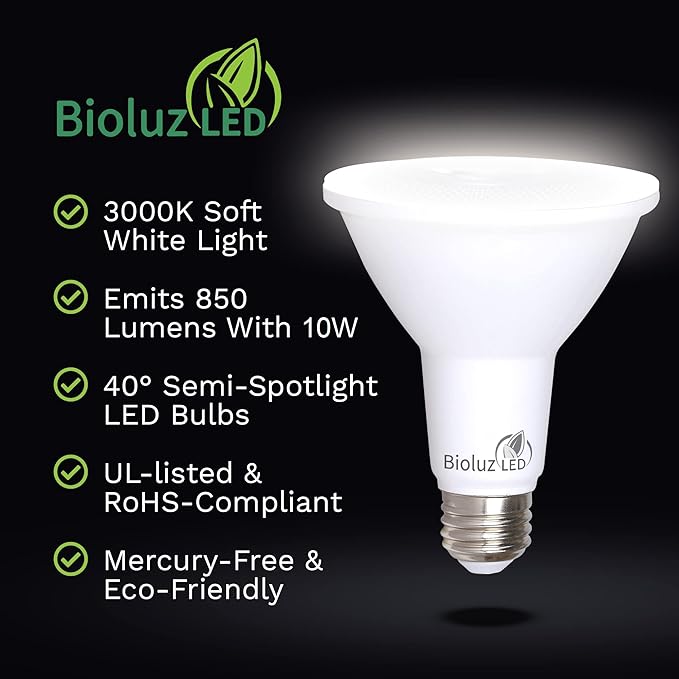 Bioluz LED 4-Pack PAR30 LED Light Bulbs, 10W = 100W Replacement, 3000K Soft White LED Light Bulbs, 90 CRI, Dimmable, LED Flood Light Outdoor, Spot Lights Indoor, UL Listed, Title 20 Compliant