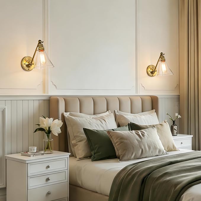Industrial Vintage Slope Pole Wall Mount Single Sconce with Funnel Flared Clear Glass Shade, Swing Arm Wall Sconce Light Lamp Fixture Hardwired
