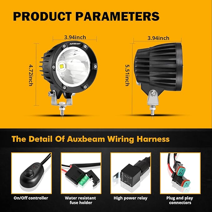 Auxbeam 4 Inch 72W Round Offroad Lights, 2PCS 7200LM LED Driving Pod Spot Lights White Beam with Wiring Harness Fit for Jeep Vehicle Truck SVU Motorcycle UTV