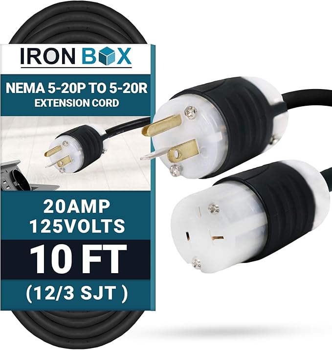IronBox Electric NEMA 5-20P to 5-20R Extension Cord - 20A, 125V, 12/3 SJT - Heavy Duty Outdoor Generator Cords & Plugs - UL Listed Extension Cable for Data Centers, Camper & More (10 ft, Custom Built)