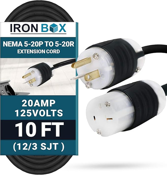 IronBox Electric NEMA 5-20P to 5-20R Extension Cord - 20A, 125V, 12/3 SJT - Heavy Duty Outdoor Generator Cords & Plugs - UL Listed Extension Cable for Data Centers, Camper & More (10 ft, Custom Built)