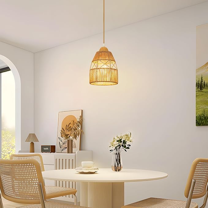 Boho Rattan Pendant Light Kitchen Island,Farmhouse Chandeliers Adjustable Height Hanging lamp for Dining Room,Small Kitchen Ceiling Lights Fixtures with Hand Woven Wicker Lampshade Lighting