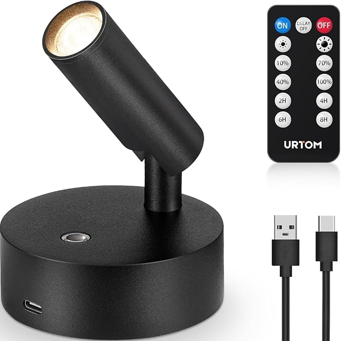 Spot Lights Indoor with Remote Rechargeable Picture Light Battery Operated Spotlight with Timer Dimmable Wireless Uplighting Indoor Display Lights Stick on Wall Light for Plant Artwork, 1 Pack