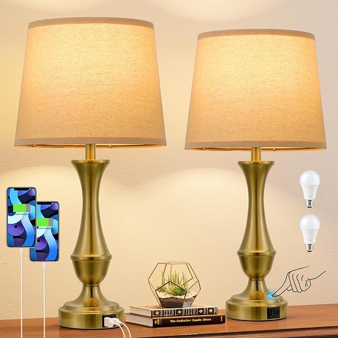 Seealle Upgraded Touch Lamps for Night Stands Set of 2 - Bedside Lamps with USB C+A, 3 Way Dimmable for Bedroom Living Room End Tables Office (Oat Shade&Coppery Base)