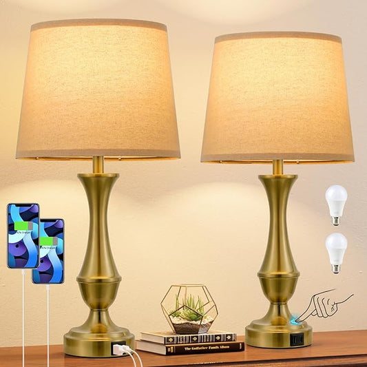 Seealle Upgraded Touch Lamps for Night Stands Set of 2 - Bedside Lamps with USB C+A, 3 Way Dimmable for Bedroom Living Room End Tables Office (Oat Shade&Coppery Base)