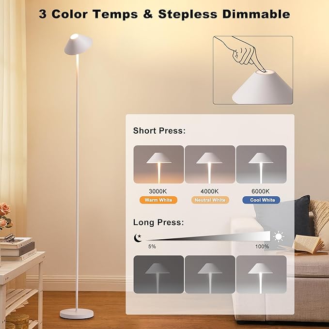 Rechargeable Floor Lamp for Indoor/Outdoor, Cordless Tall Standing Lamp with 3 Color Temps & Dimmable, IP43 Waterproof, Adjustable Height 16-59 Inch, LED Floor Lamp for Living Room,Patio(White)