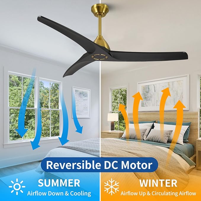 54 Inch Modern Ceiling Fan No Lights,Wood Ceiling Fan without Light,6-Speed,Reversible DC Motor,Timer,Outdoor with Remote for Bedroom Living Room Patios,Black and Gold