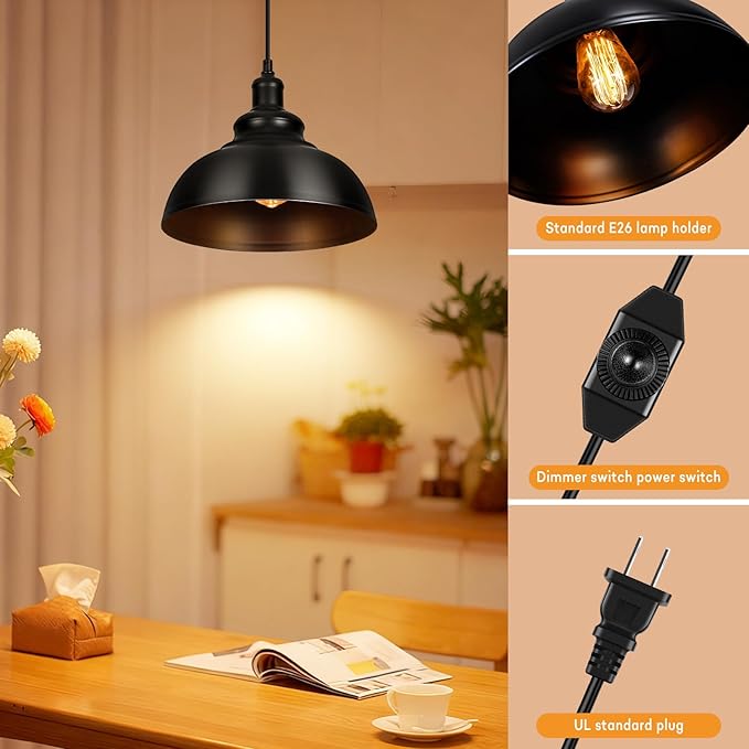 Lightess Black Pendant Lights Dimmable with Plug in Cord and ON/Off Dimmer Switch, Industrial Hanging Kitchen Island Light Fixture, LG9925343