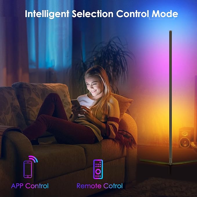 RGB Corner Floor Lamp, Easter Floor Lamp RGBIC Color Changing Corner Lamp LED Modern Floor Lights with Bluetooth APP and Remote Control Music Sync, 65" RGB Mood Lighting 24H Timing 398+ DIY Modes
