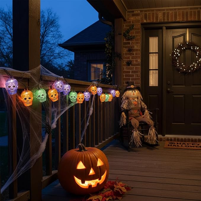 Halloween Skeleton Lights,8.5Ft Halloween Skull Lights with 10 LED Orange Purple Green Skeleton Lamp Waterproof UL Listed for Indoor Bedroom Patio Doors, Windows, Porches, Halloween Party Decor