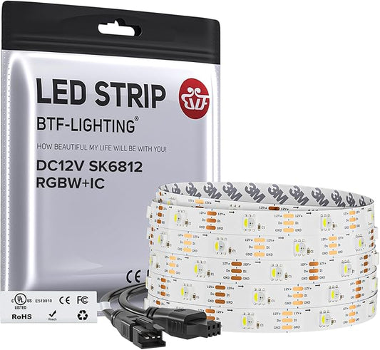 BTF-LIGHTING SK6812(Similar WS2812B) UL Listed RGBW RGB+Cool White(6000K) Individually Addressable DC12V 16.4FT 30LED/m 4 Colors in 1 Light Dream LED Strip IP30 White PCB(No Adapter or Controller)