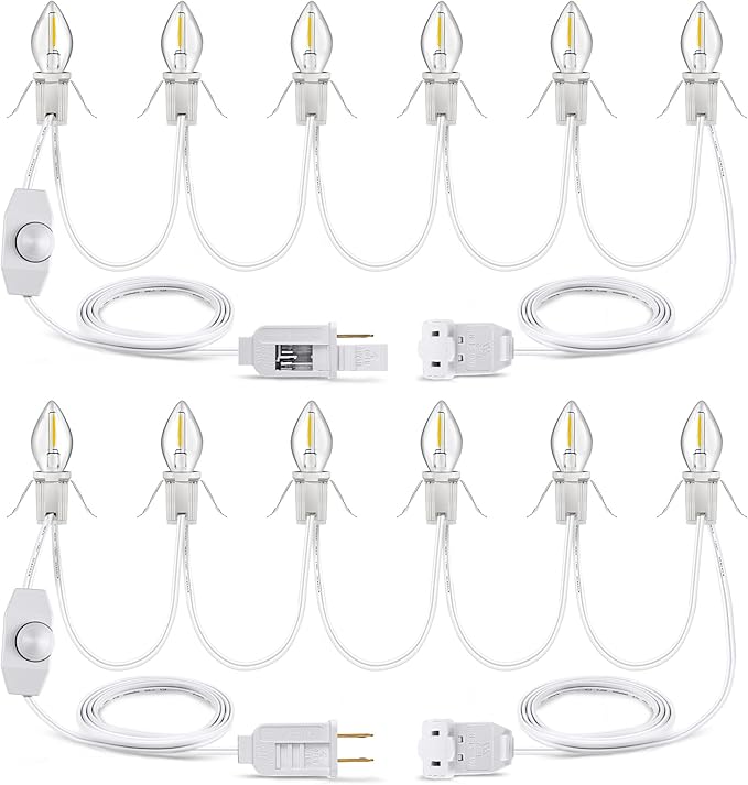 Meonum Christmas Village Lights with 6 LED Light Bulbs, 15 Feet Accessory Cord with C7 Lamp, Rotary On/Off, Female/Male Plugs, Spare Fuses, Blow Mold Light for Village House Craft Decorations (2 Pack)