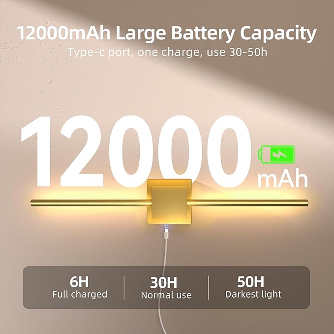 Torchlet Battery Operated Wall Sconces Set of 2 with Remote Control,DIY Independent Rotation Picture Lights,3000K-6000K Dimmable LED Rechargeable Wall Lights for Living Room Bedroom, 28.3'' Gold