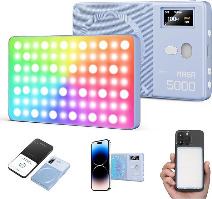 GODOX MA5R LED Fill Light with Soft Diffuser Magnetic Charging Phone Selfie Lighting Mini on Camera Lights 1800K-10000K 14 FX Modes for Selfies, YouTube, TikTok, Vlogging, Video Conferences (Blue)