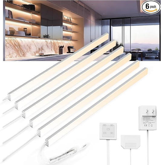 12'' Aluminum Under Cabinet LED Lights, 6-Pack Ultra-Slim Bars, Plug-in & Wired Touch Dimmer, Adjustable 2700K-6500K Color Temp, Seamless Linkable, Easy Install for Kitchen/Closet/Shelf