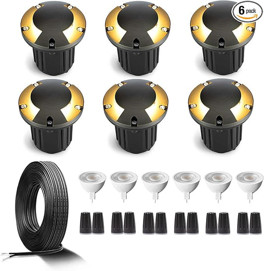 Gardenreet Brass In Ground Landscape Lighting Low Voltage Kit(6 Pack) with MR16 Bulb & 100Feet Wire & Connectors, 12V LED Well Lights IP65 Waterproof for Outdoor Sideway Garden Path(2 Way Turret)