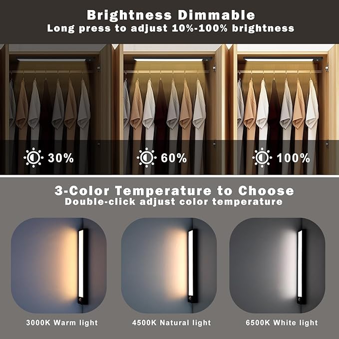 88 LED Motion Sensor Under Cabinet Lights, 3 Color Temps Indoor Dimmable Closet Light, Rechargeable Wireless Magnetic Strip Lights Night Light for Hallway, Stairway, Drawers, Wardrobe(2 Pack, 10 inch)