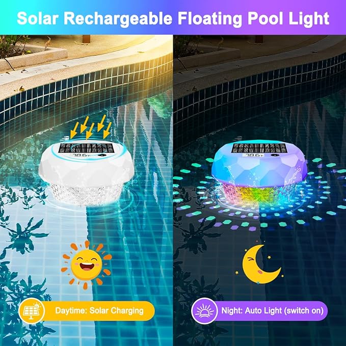 CCHKFEI Solar Floating Pool Lights with Thermometer, Swimming Pool Light with Remote, IP68 Waterproof, RGB 6 Dynamic Modes for Pools, Fountains, Party.