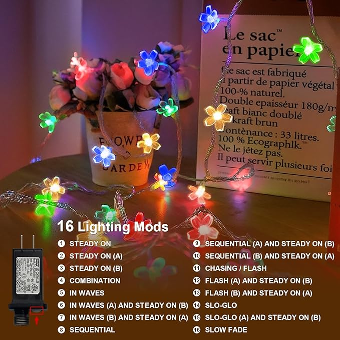 LAMPHOME Multicolor Flower String Lights, 33ft 100 LED Cherry Blossom Plug in Easter Christmas Tree Hanging Fairy Lamp, 16funstions Garden Bedroom Indoor Decorations for Fence, Wedding Birthday Party