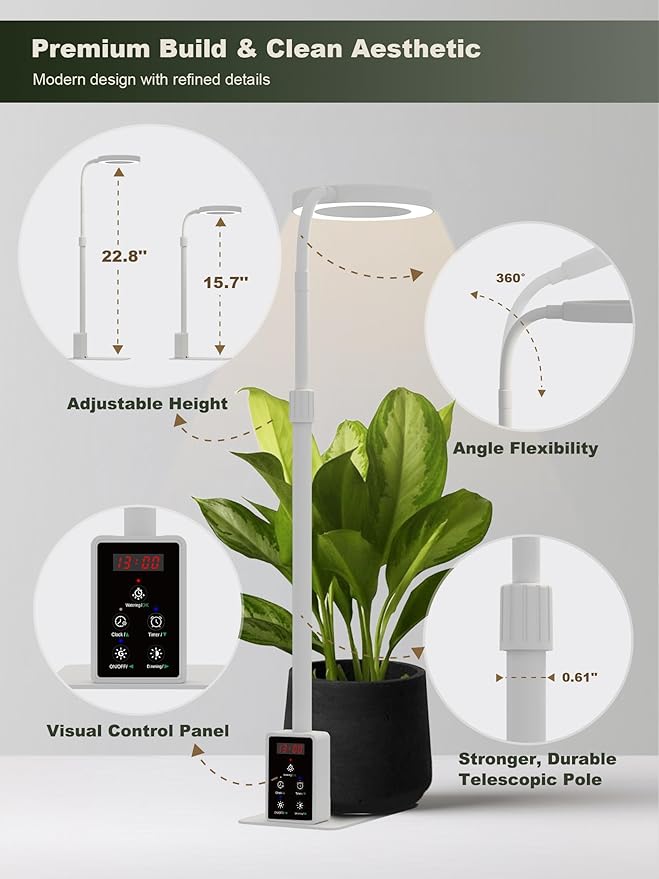 GLOWRIUM Smart LED Grow Lights for Indoor Plants G4, 12W Full Spectrum 3500K with Grow lamp, Bluetooth App Control, 10-Level Dimming, Gooseneck, Height Adjustable 16"-23", Auto Timer, (White 12W)