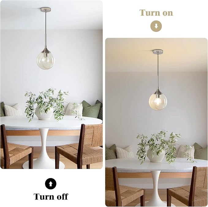 KCO Lighting 7.1" Amber Glass Pendant Light Brushed Nickel Pendant Lighting Modern Globe Pendant Light Mid Century Hanging Light Small Pendant Lights for Kitchen
