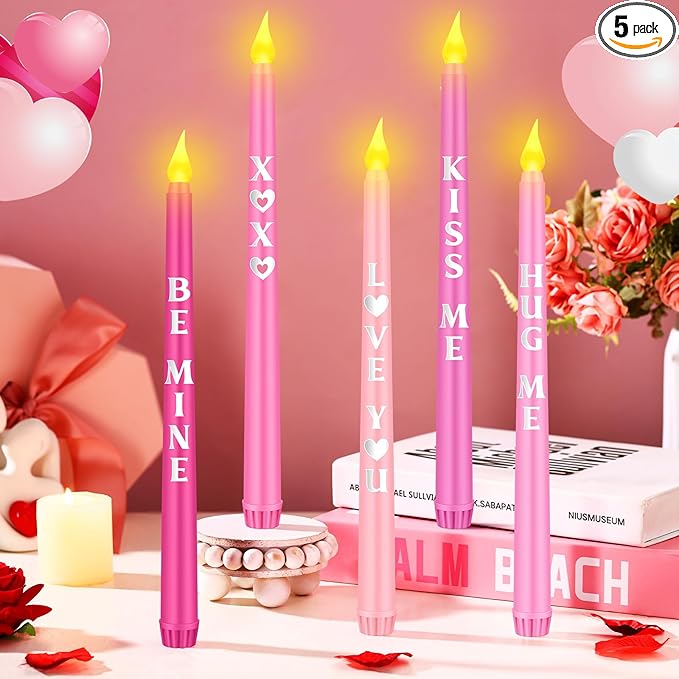 5 Pcs Valentines Day LED Flameless Candle Set Valentine Day Conversation Flameless Taper Candles with Words Battery Operated Seasonal Celebration with Remote for Wedding Romantic Night