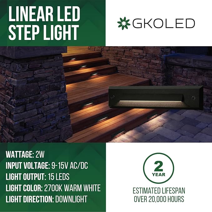 GKOLED 6-Pack Low Voltage 9-15V AC/DC LED Linear Step Lights, 2W Landscape Cutoff Stair Riser Light, Outdoor Waterproof Accent Lighting Fixtures, Die-cast Aluminum with Black Powder Coated Finish