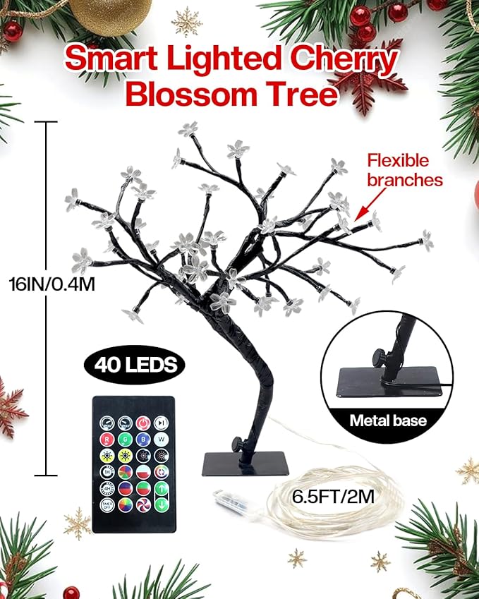 Smart LED Cherry Blossom Tree 2 Pack 16'' – App Remote Control Twinkling Bonsai Tree Music Sync & 16 Million Colors – Lighted Table Lamp for Indoor Decor, Decorative LED Spirit Tree Easter Decorations